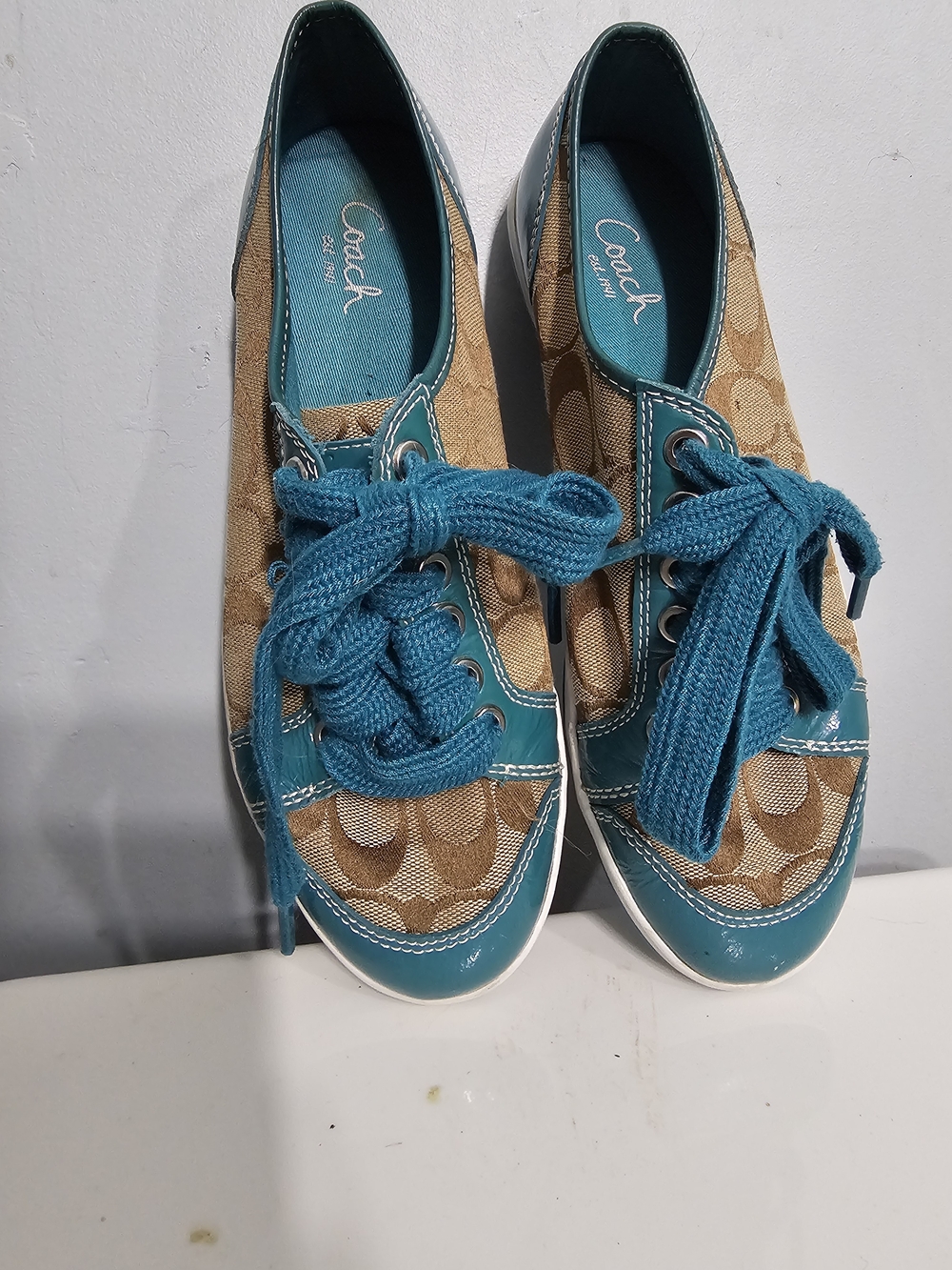 Coach Teal & Tan Signature Canvas Sneakers - Women's Casual Shoes - Picture 3 of 4